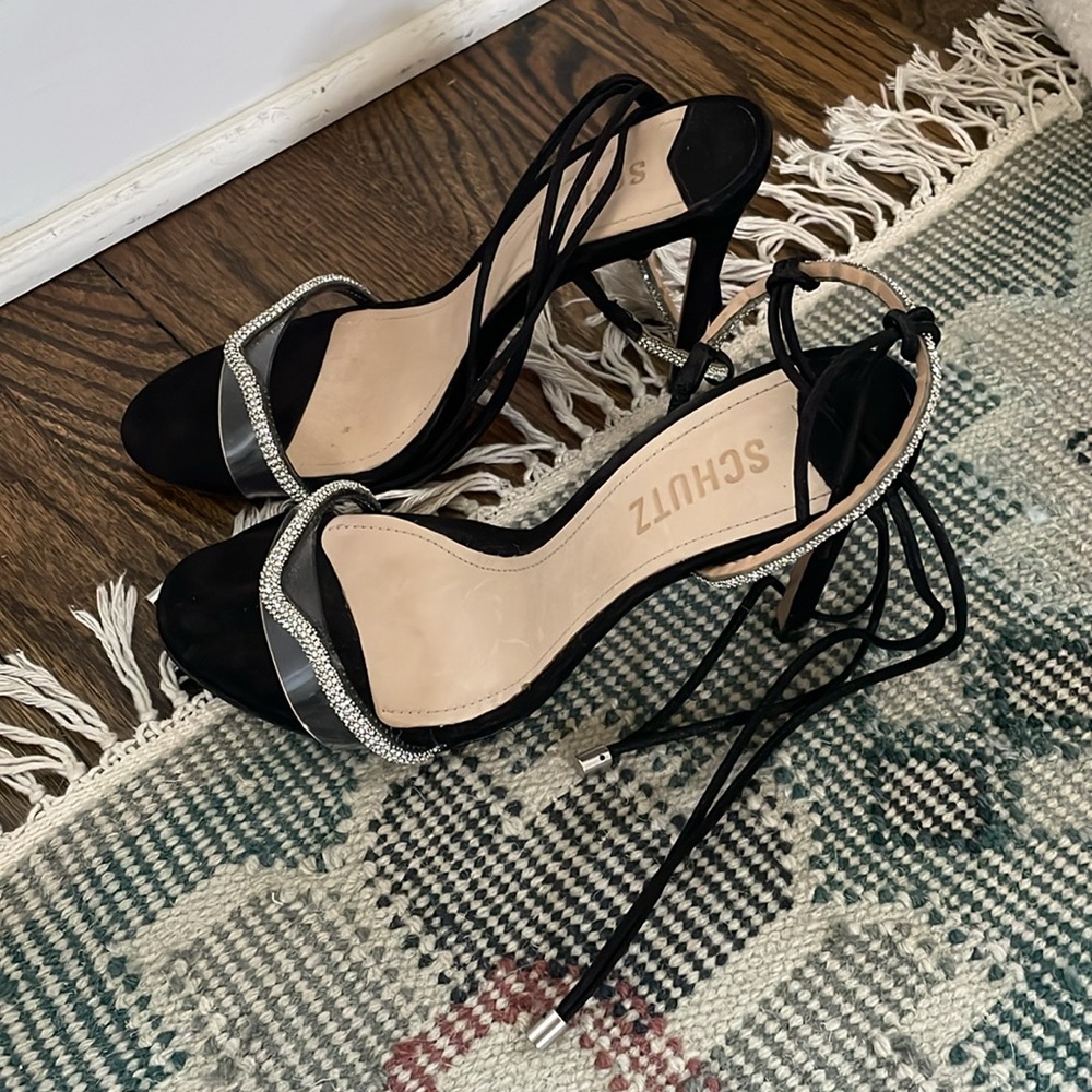 Schutz Cath Black Tie Up Rhinestone Embellished Clear Open Toe Heeled Sandals - Picture 6 of 8